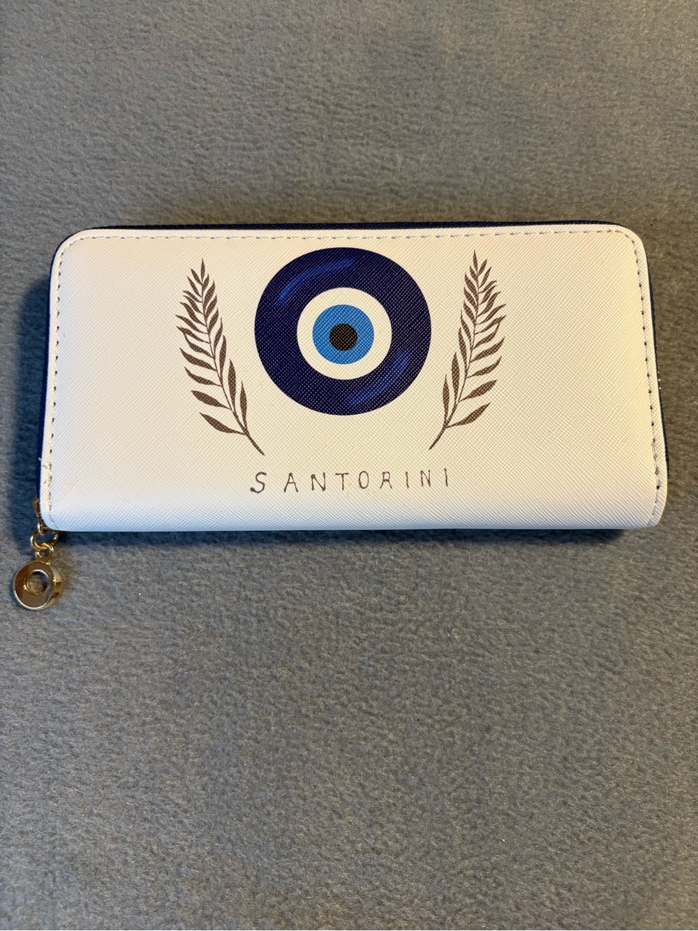 White Zip-Around Wallet with Blue Evil Eye Motif